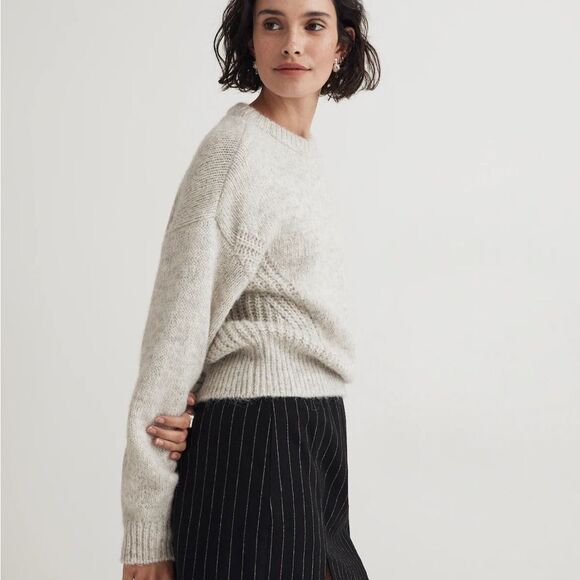 MADEWELL Wool-Blend Wedge Sweater Cozy Cropped Oversized Boho Light Gray Crew XS - Picture 3 of 11